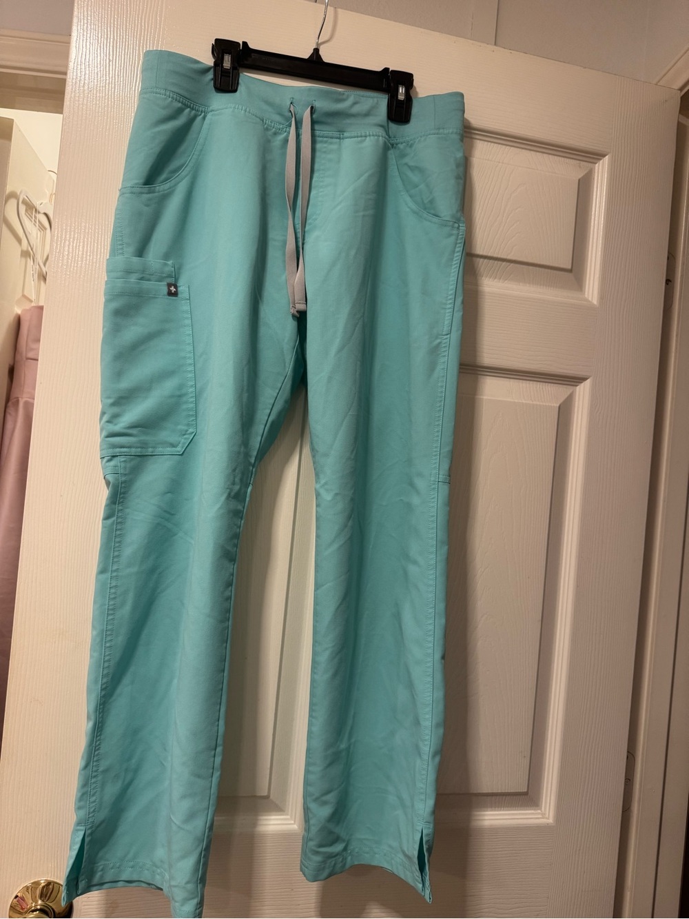 Figs Aqua Ladies Stretch Drawstring Utility Scrub Pants -  medium drawstring